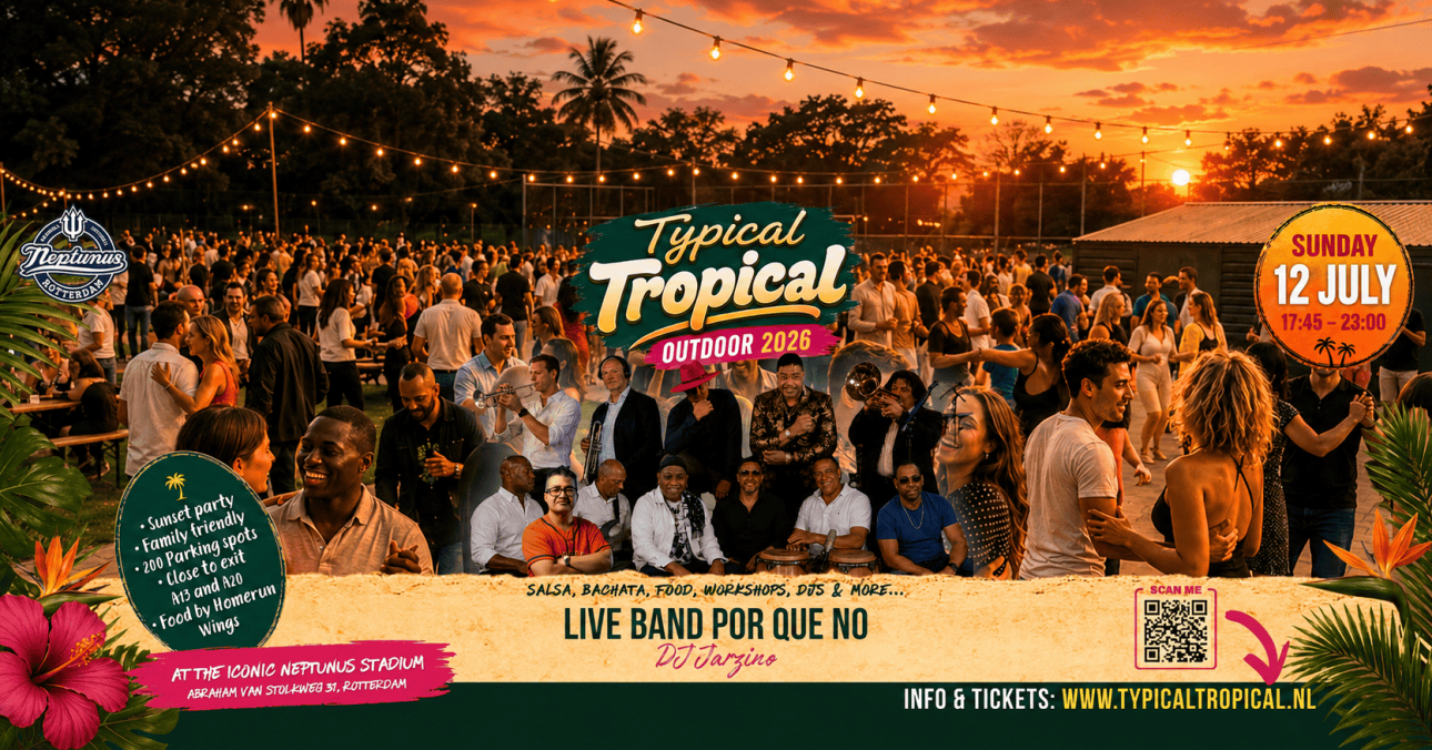 Por Que No and DJ Jarzino play Typical Tropical Outdoor at Stadion Neptunus on 12 July, with a RotterdamStyle discount code for readers.